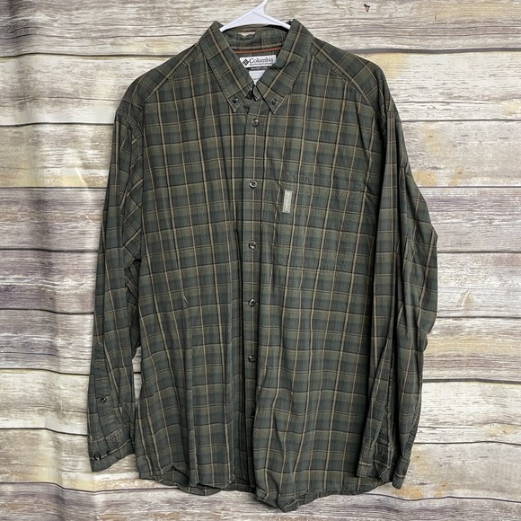 Columbia Men's Large Flannel Shirt Button Down Long Sleeve Green Yellow Outdoor - Picture 1 of 6